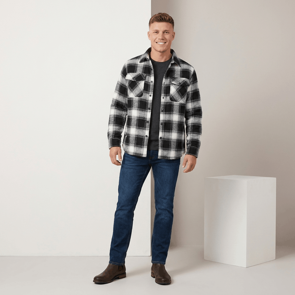 Man wearing a black and white plaid overshirt jacket with dark trousers and white sneakers in a studio setting.