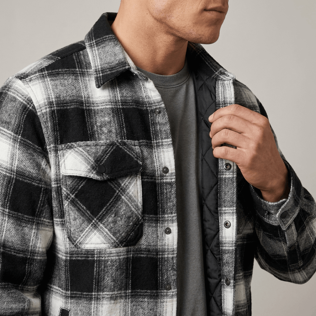 Close-up of a man wearing a black and white plaid quilted jacket with a button-front closure, pointed collar, and chest pockets.