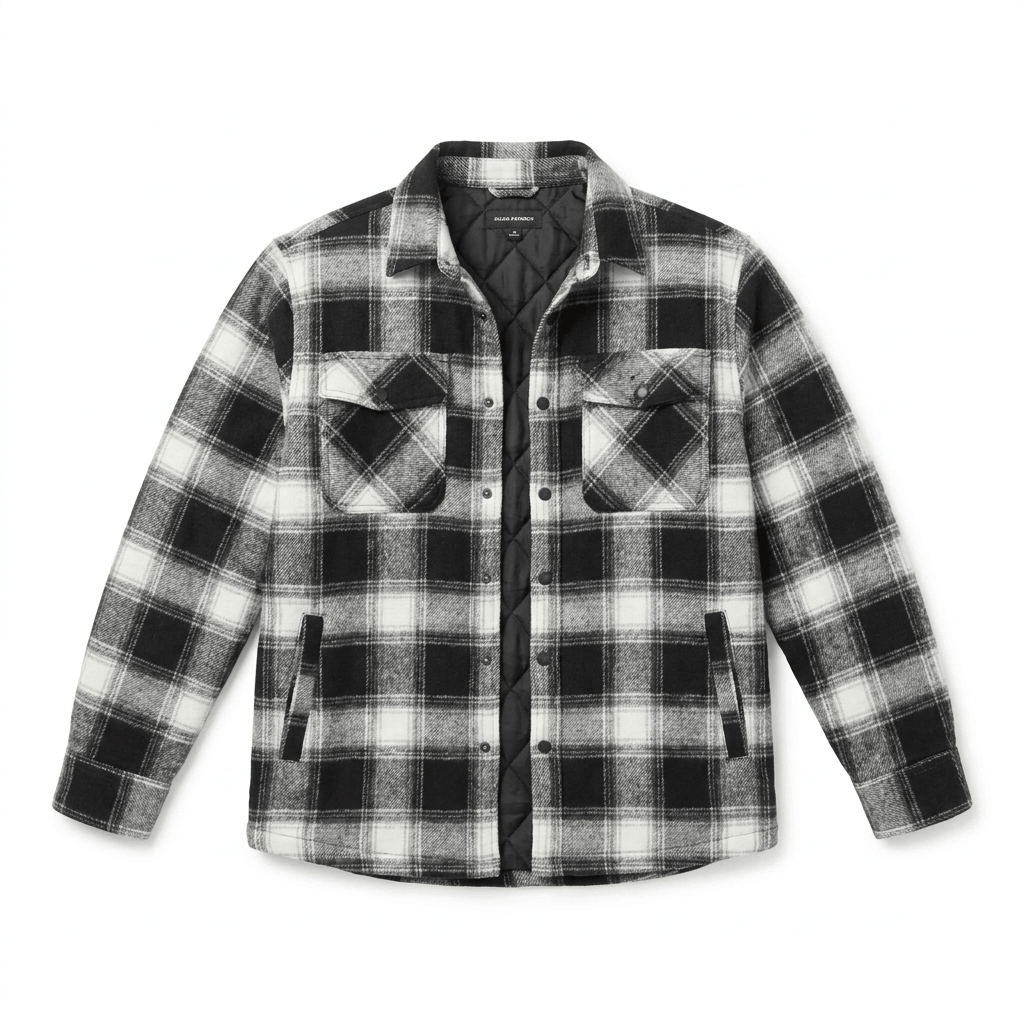 Black and white plaid overshirt jacket displayed flat, featuring a pointed collar, button-front closure, chest pockets, and long sleeves.