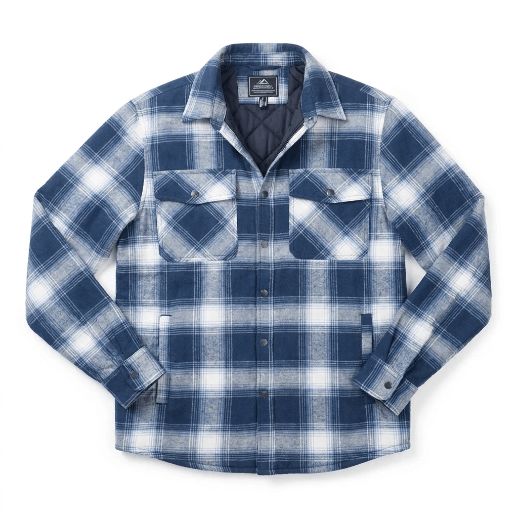 Blue and white plaid quilted-lined overshirt jacket displayed flat, featuring a pointed collar, button-front closure, chest pockets, and cream-colored lining.