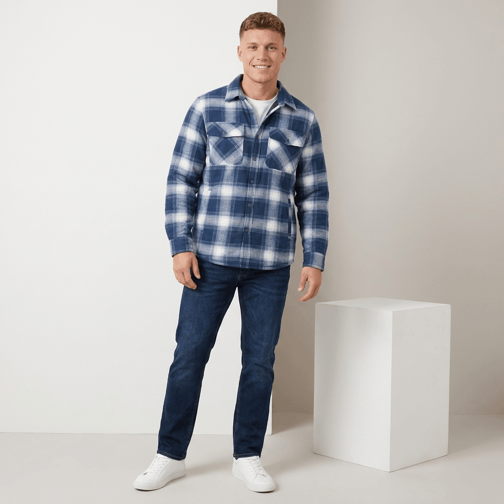 Man wearing a blue and white plaid quilted-lined overshirt jacket with dark trousers and white sneakers in a studio setting.