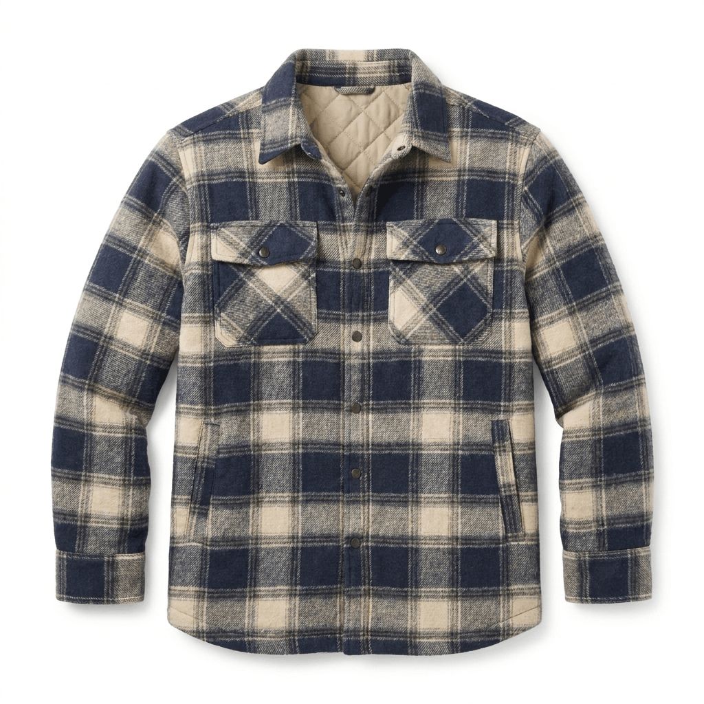 Close-up side view of a blue and cream plaid quilted-lined overshirt jacket showing the collar and textured fabric.