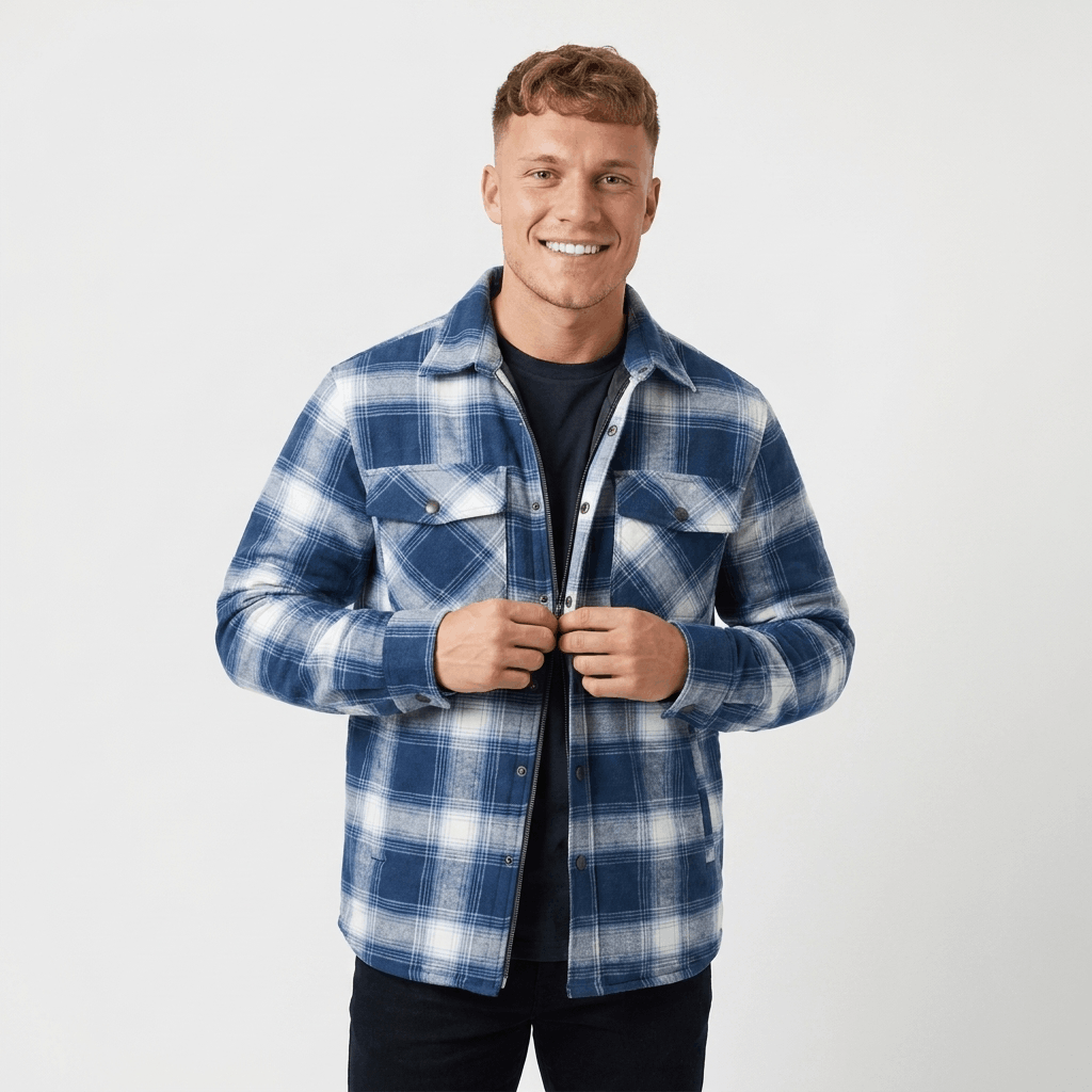 Man wearing a blue and white plaid quilted-lined overshirt jacket with a button-front closure, pointed collar, chest pockets, and long sleeves over a dark shirt.