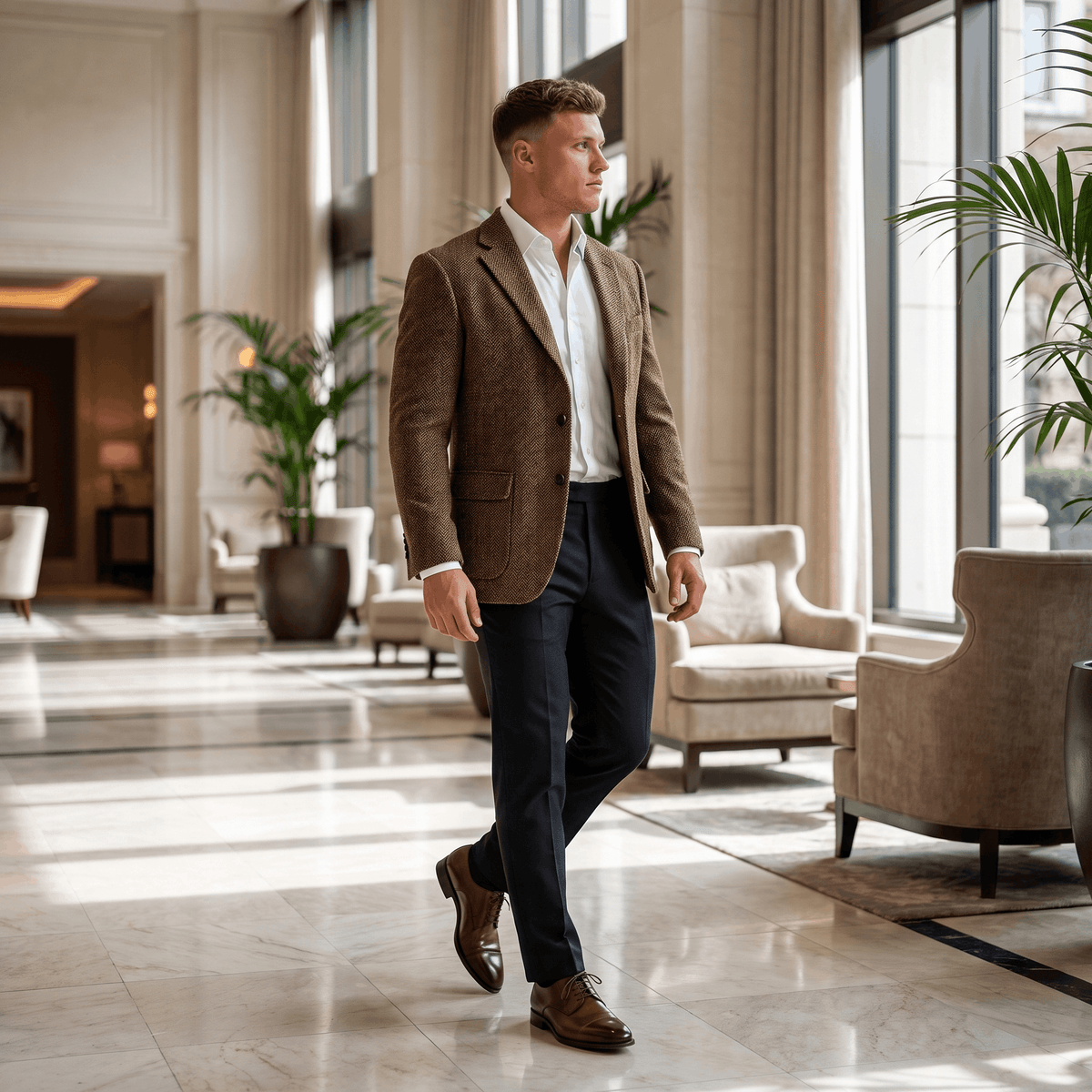 Man wearing a brown tweed blazer over a white dress shirt and black trousers while standing in an elegant indoor setting.