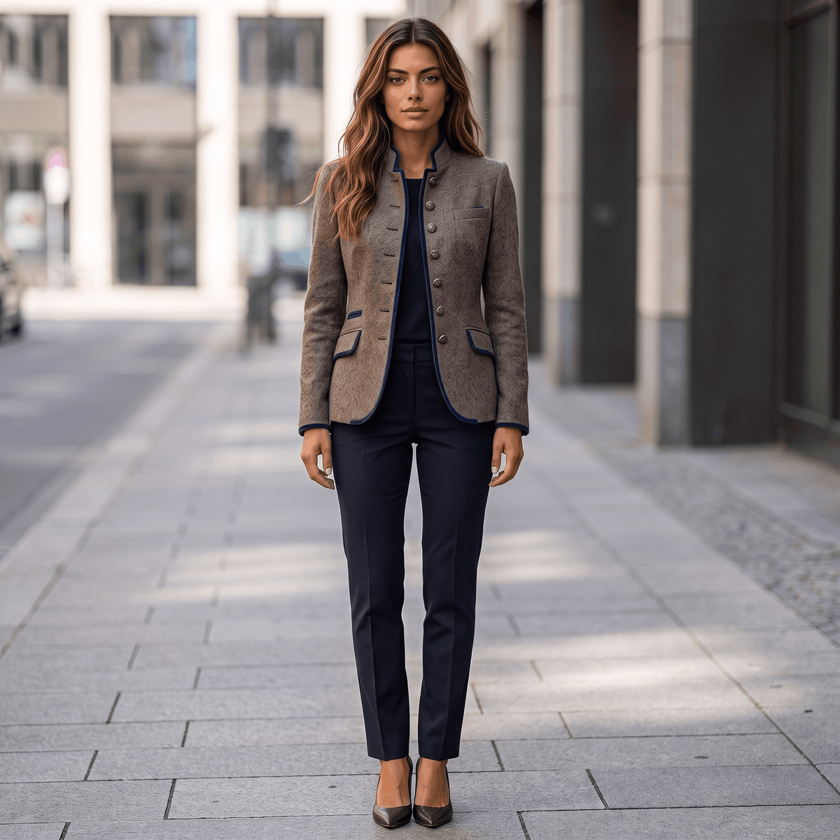 Woman wearing a gray tweed blazer with dark trim, dark trousers, and ankle boots while walking along a city sidewalk.