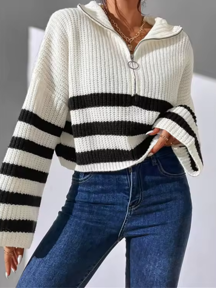 White and Black striped relaxed fit half-zip sweater worn by a female model, front view