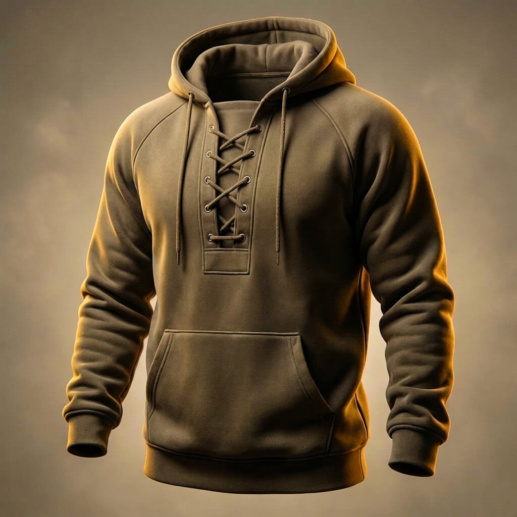 Brown relaxed fit hoodie for men with a lace-up neckline, drawstring hood, kangaroo pocket, and long sleeves