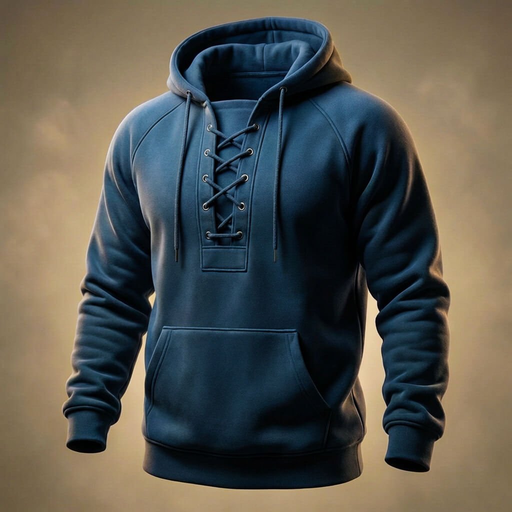 Navy Blue relaxed fit hoodie for men with a lace-up neckline, drawstring hood, kangaroo pocket, and long sleeves