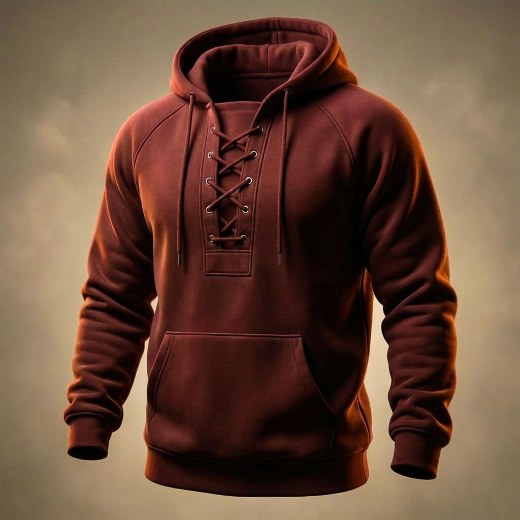Burgundy relaxed fit hoodie for men with a lace-up neckline, drawstring hood, kangaroo pocket, and long sleeves