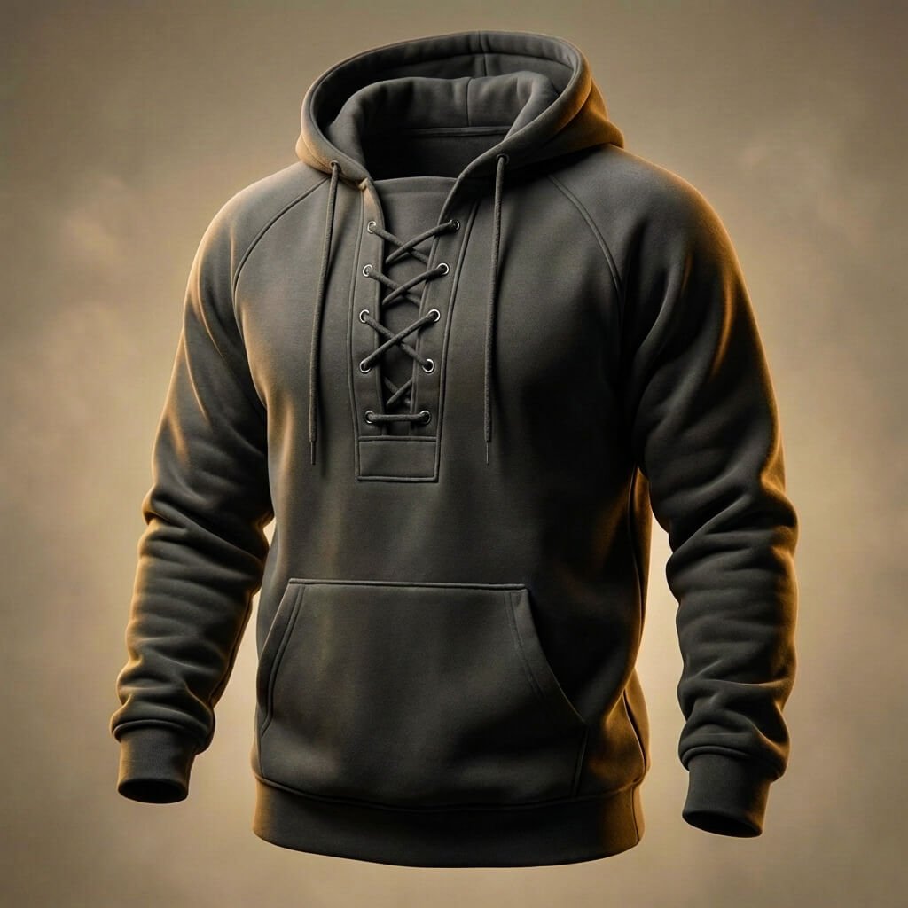 Black relaxed fit hoodie for men with a lace-up neckline, drawstring hood, kangaroo pocket, and long sleeves