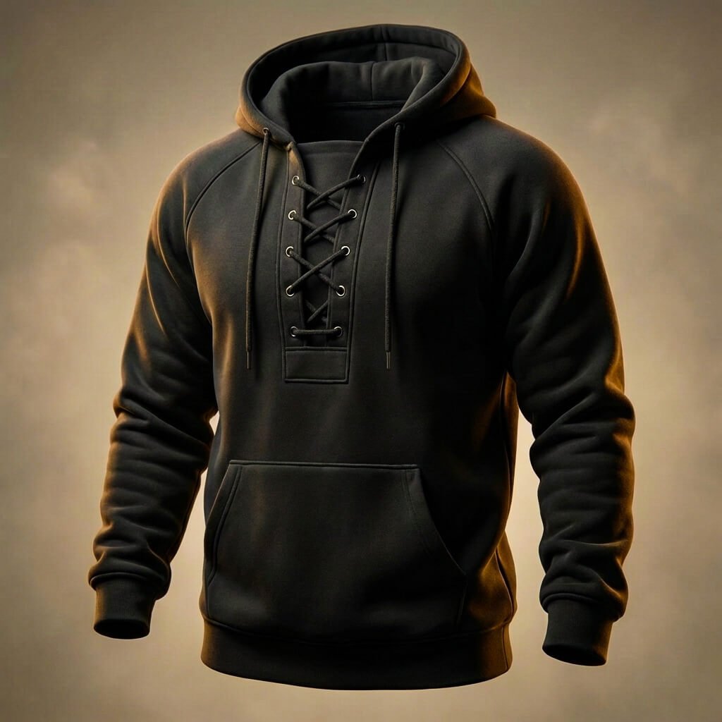 Black relaxed fit hoodie for men with a lace-up neckline, drawstring hood, kangaroo pocket, and long sleeves