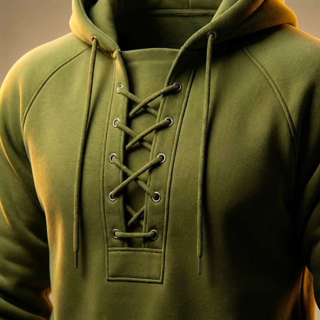 Olive Green relaxed fit hoodie for men close-up showing the lace-up neckline and textured fabric