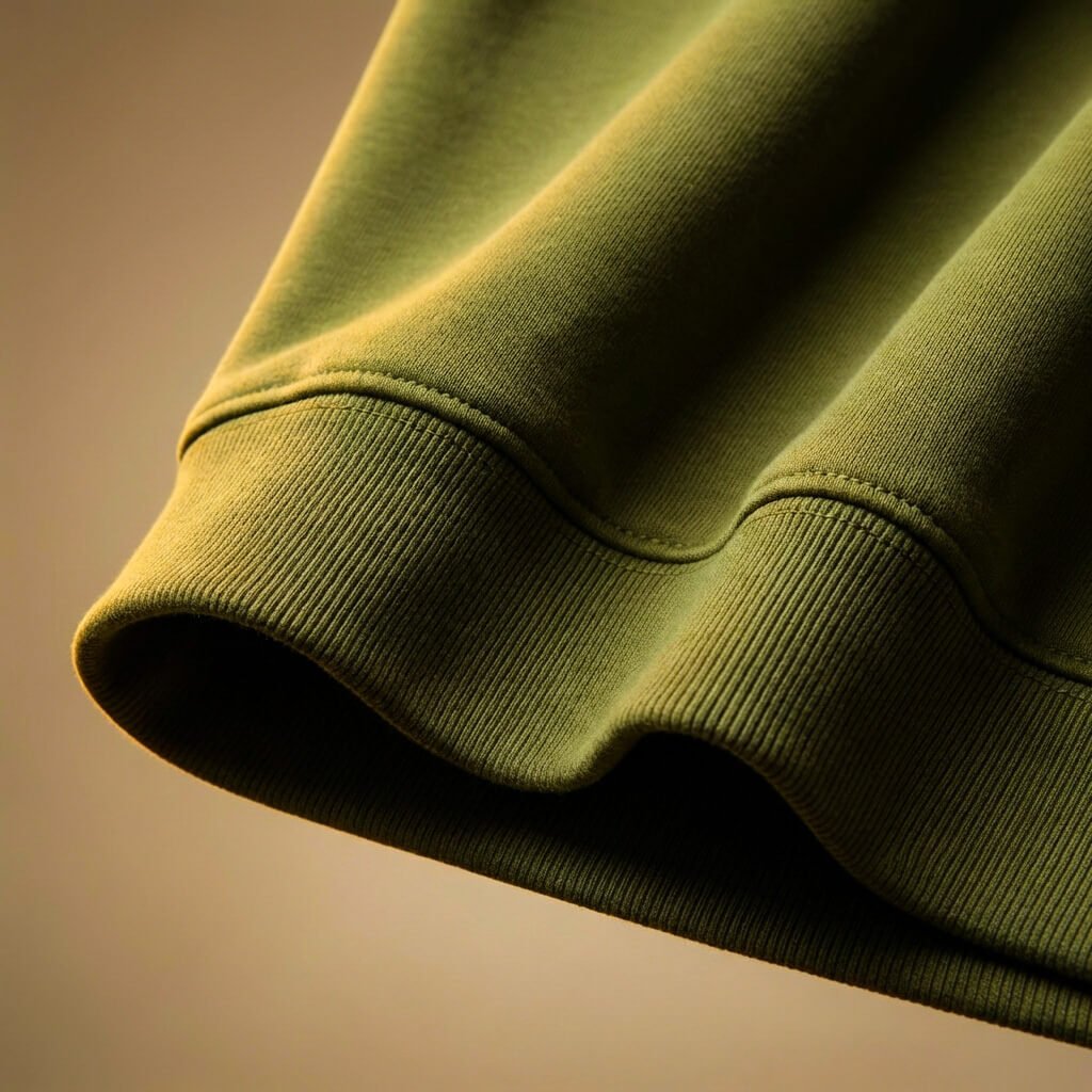 Olive Green relaxed fit hoodie for men close-up showing the ribbed sleeve cuff and textured fabric