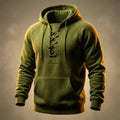 Olive Green relaxed fit hoodie for men with a lace-up neckline, drawstring hood, kangaroo pocket, and long sleeves
