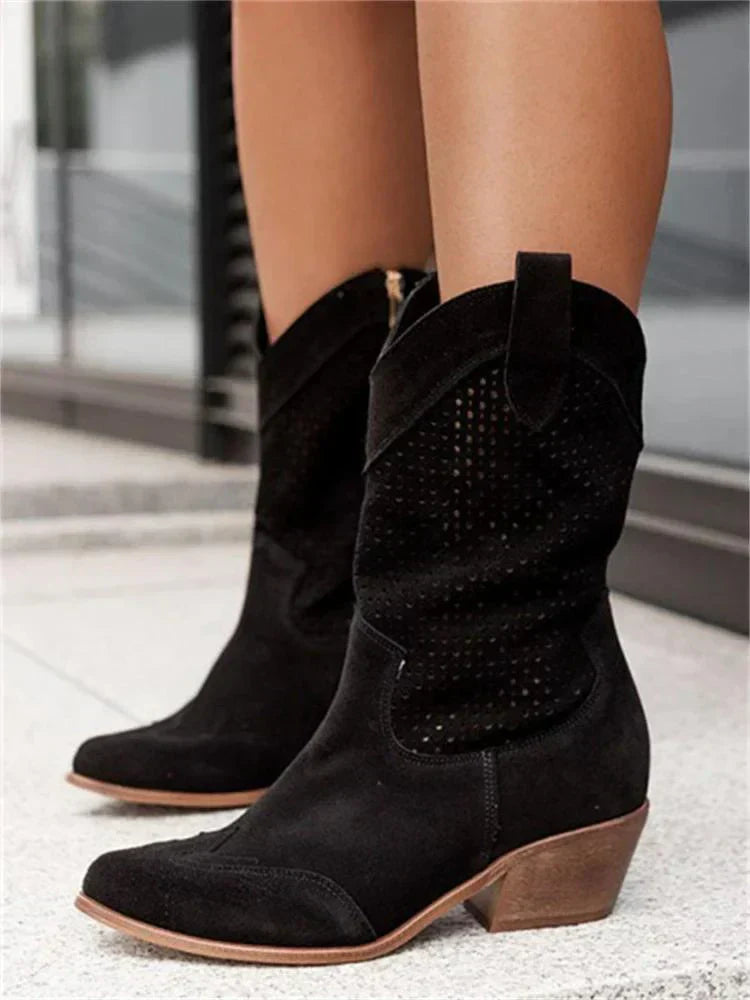 Clarisa Women’s Western Boots – Faux Leather Pointed Toe Mid-Calf