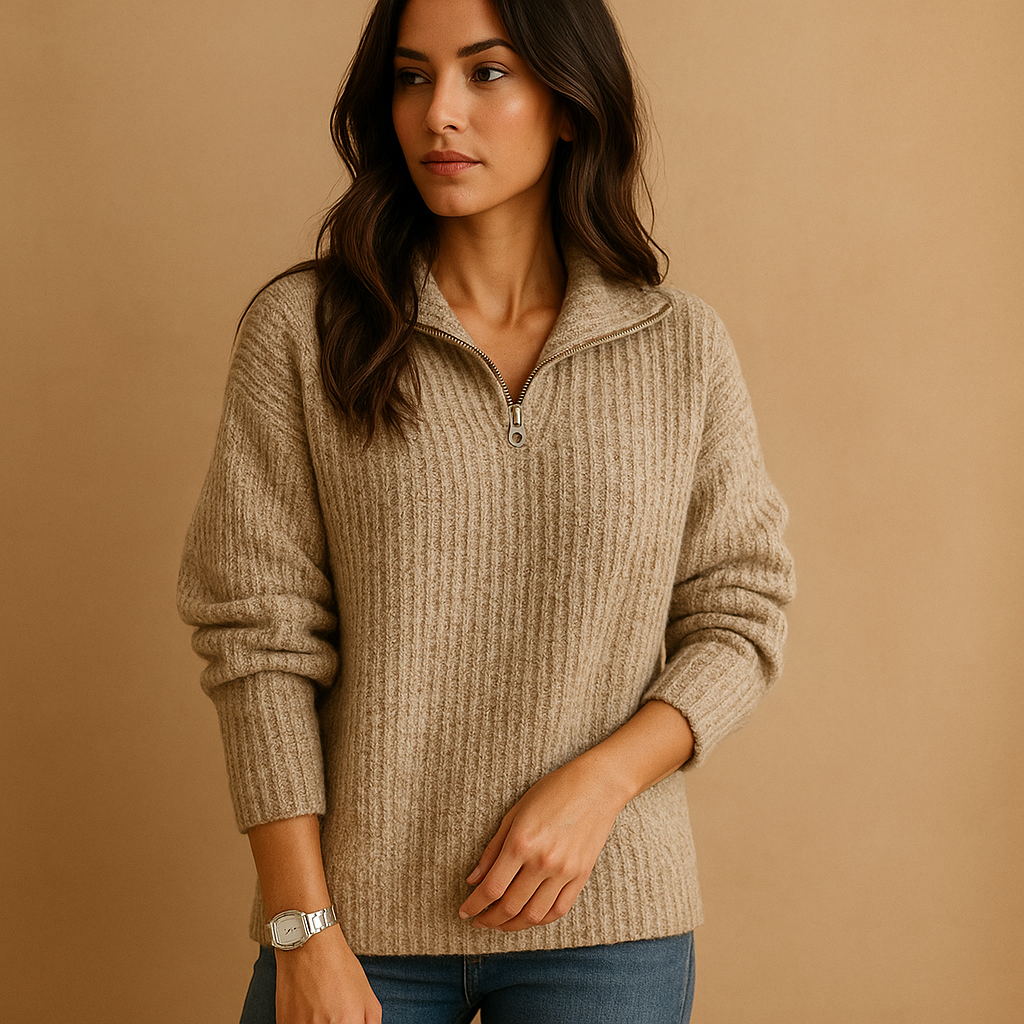 Light Brown ribbed knit half-zip sweater worn by a female model, front view
