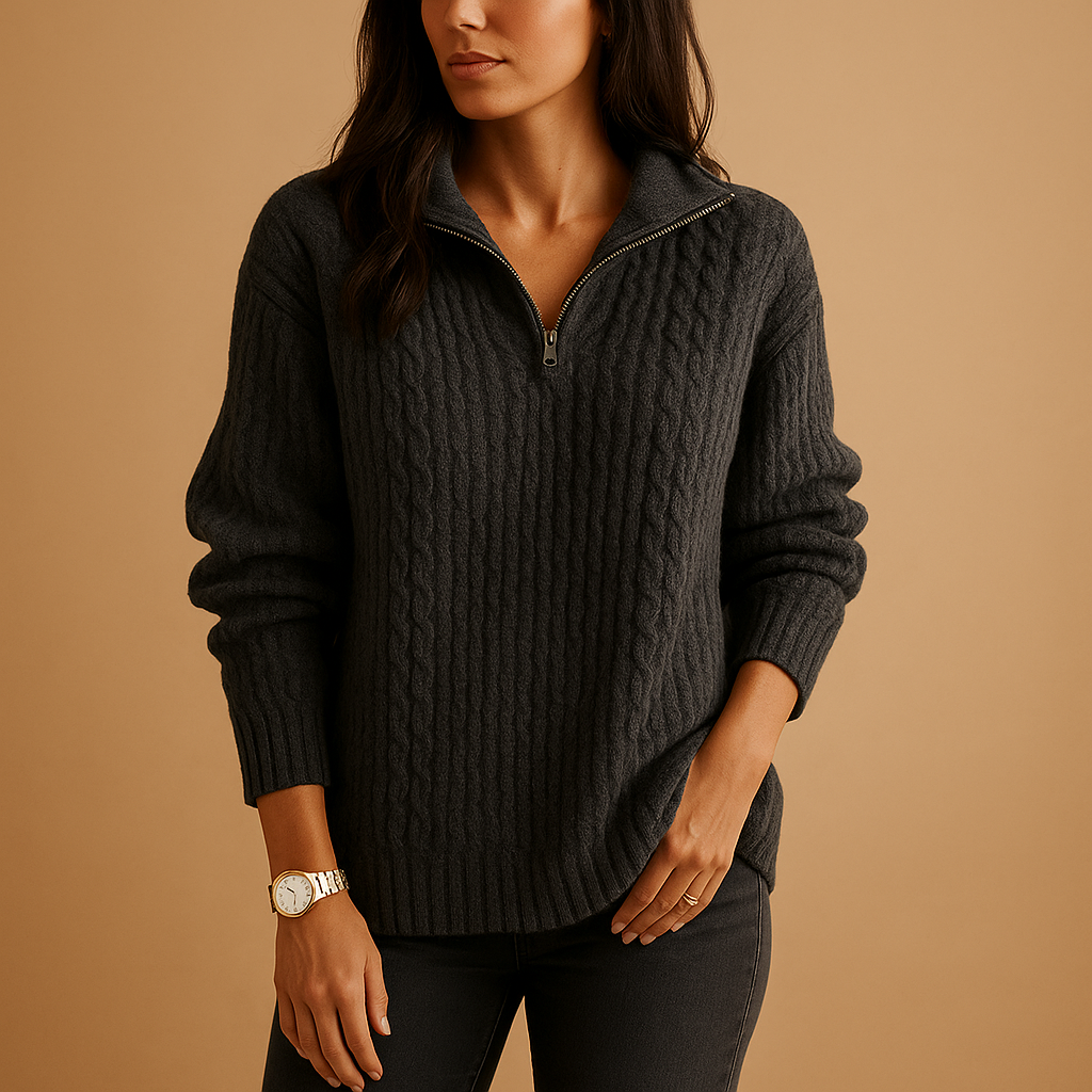Dark Gray ribbed knit half-zip sweater worn by a female model, front view