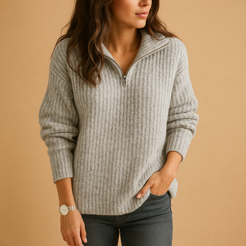Light Gray ribbed knit half-zip sweater worn by a female model, front view