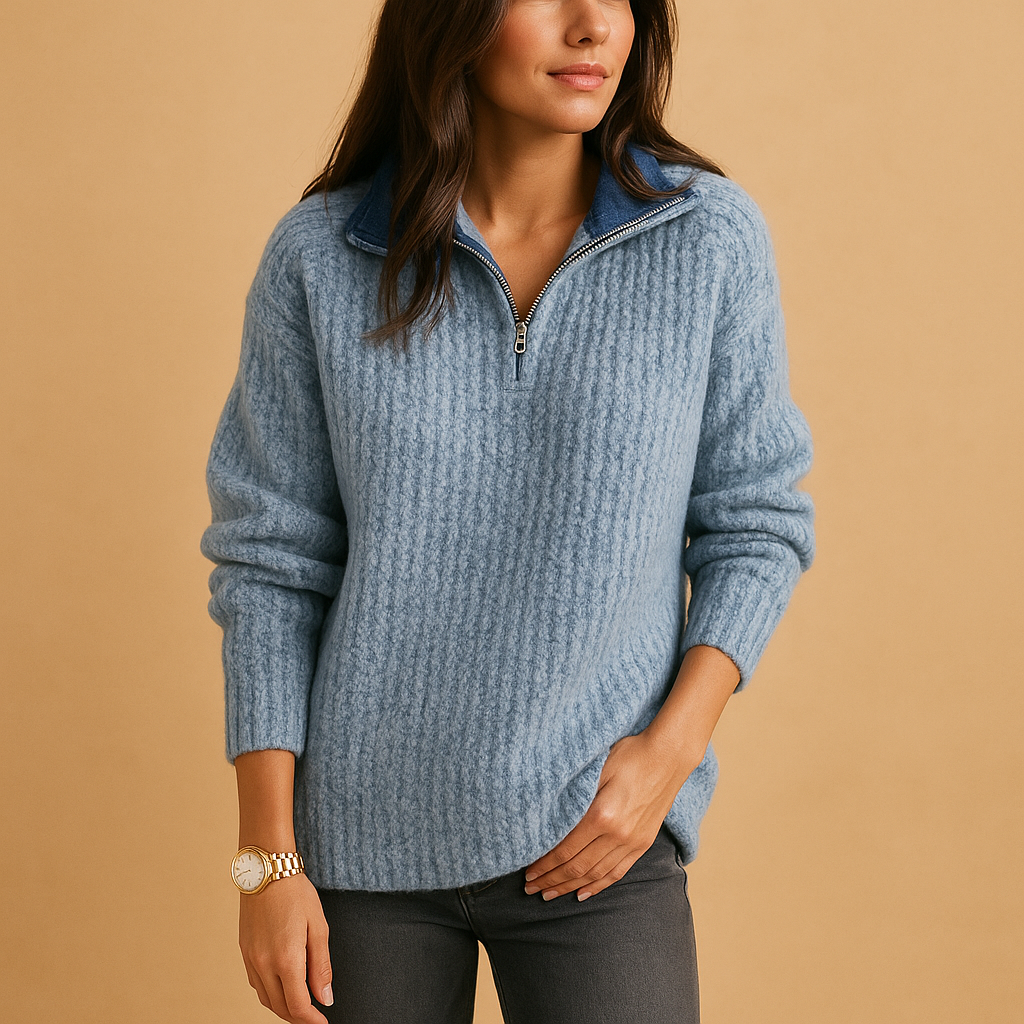 Blue ribbed knit half-zip sweater worn by a female model, front view