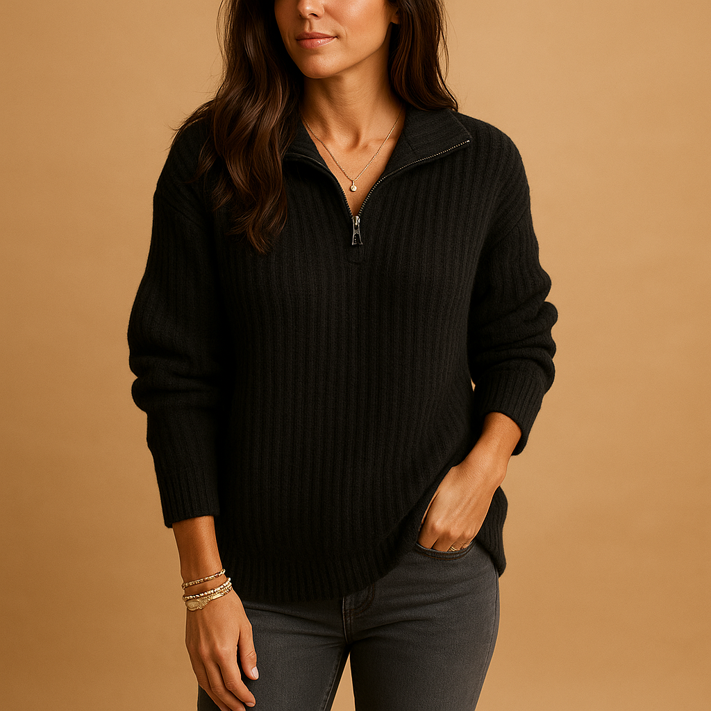 Ribbed Knit Half-Zip Sweater for Women – Contrast Collar & Relaxed Fit | Marisol