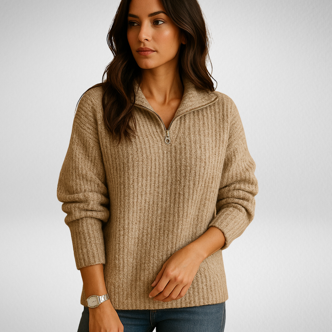 Light Brown ribbed knit half-zip sweater with a high collar, long sleeves, and textured ribbed knit fabric