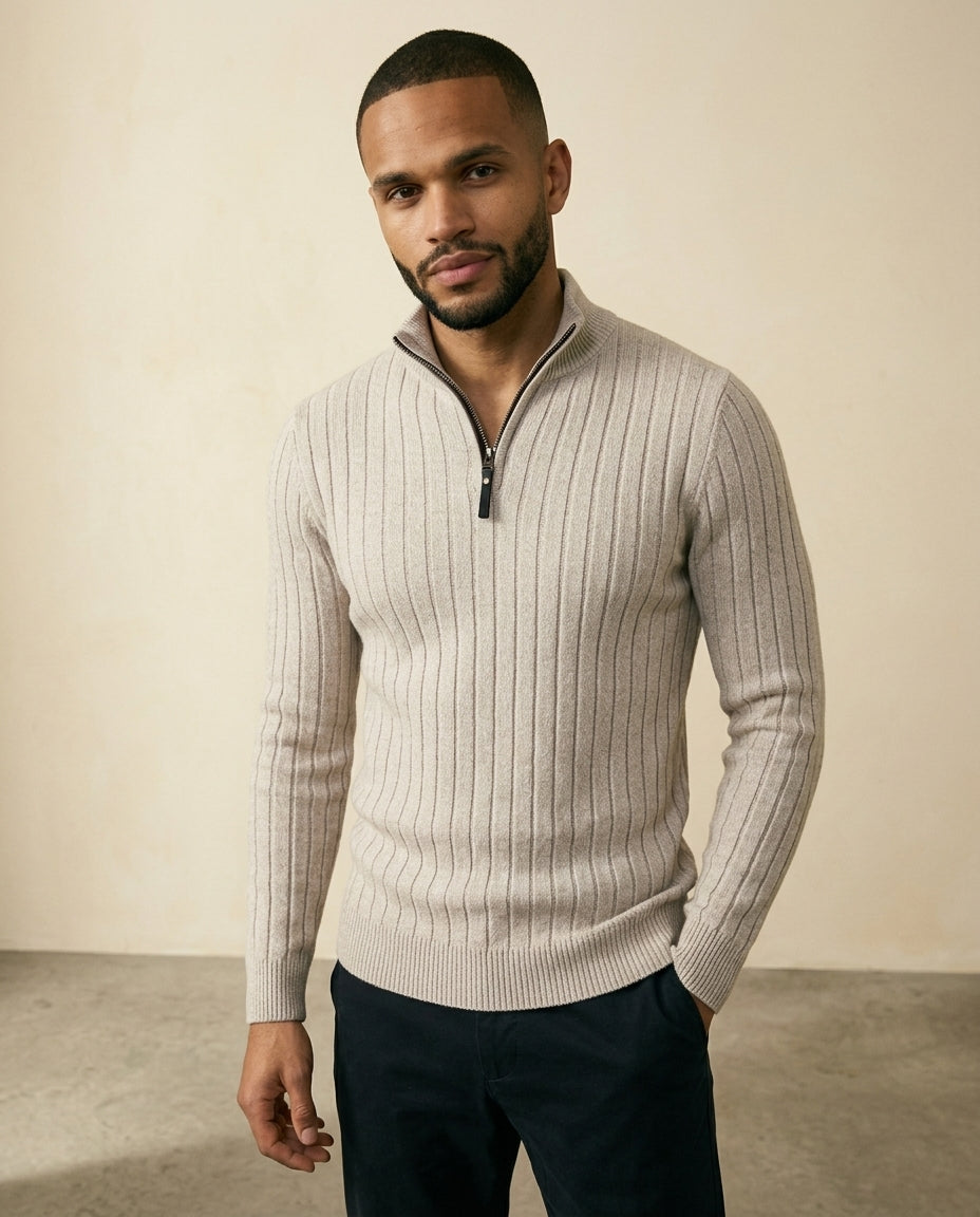 Gray ribbed quarter-zip sweater worn by a male model in a full-body view