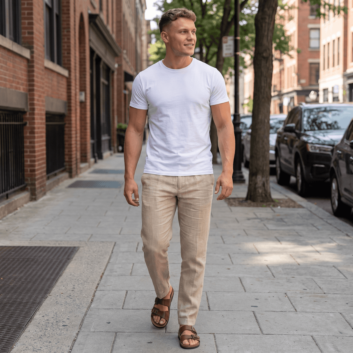 Man wearing cream linen drawstring pants with a white T-shirt and brown leather sandals while walking in an urban street setting.