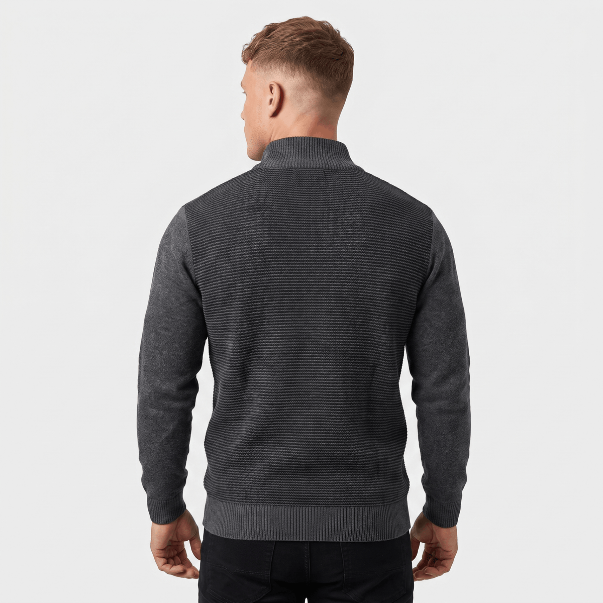 Back view of a men's charcoal ribbed quarter-zip knit sweater with a stand collar and fitted silhouette.