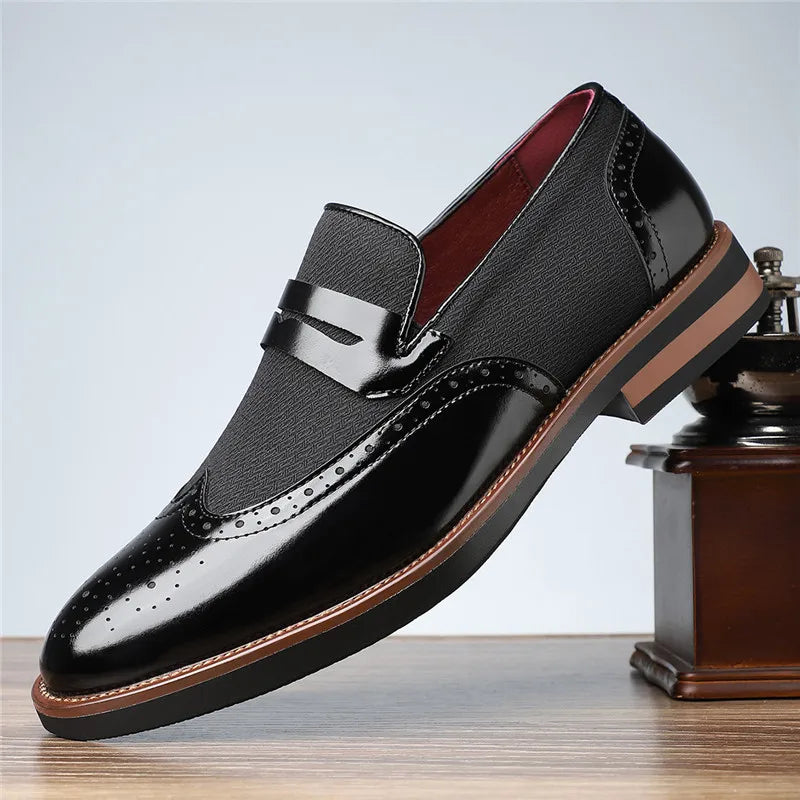 Harrison Men’s Loafers – Wingtip Leather Dress Shoes with Woven Panel