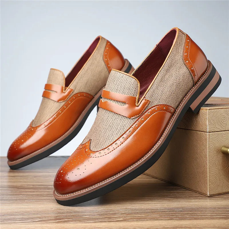 Harrison Men’s Loafers – Wingtip Leather Dress Shoes with Woven Panel
