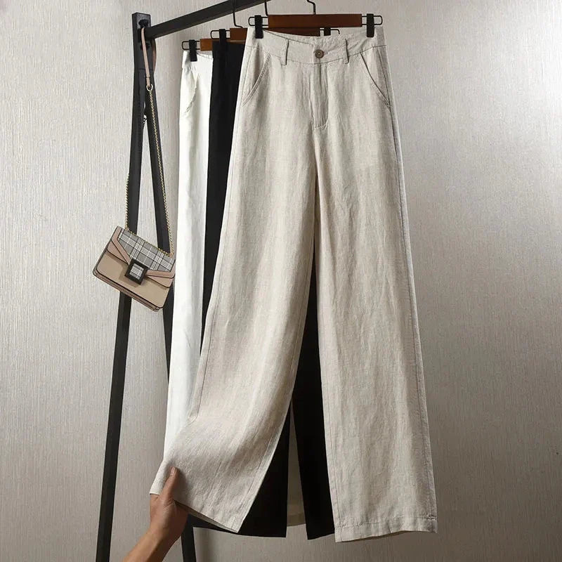 Sabrina Women’s Linen Pants – Straight Cut Cropped Trousers in Lightweight Cotton Blend