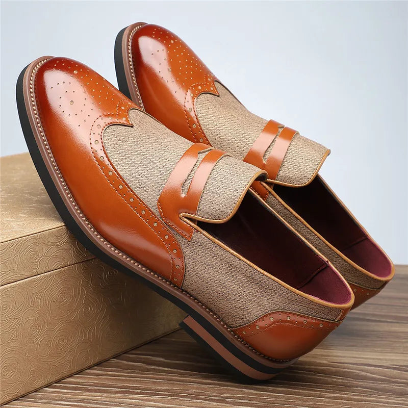Harrison Men’s Loafers – Wingtip Leather Dress Shoes with Woven Panel