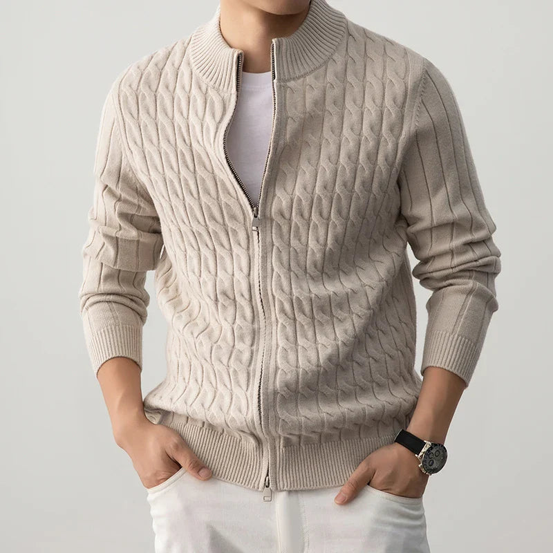 Wyler Men’s Zip-Up Cardigan – Premium Wool Cable Knit Cardigan