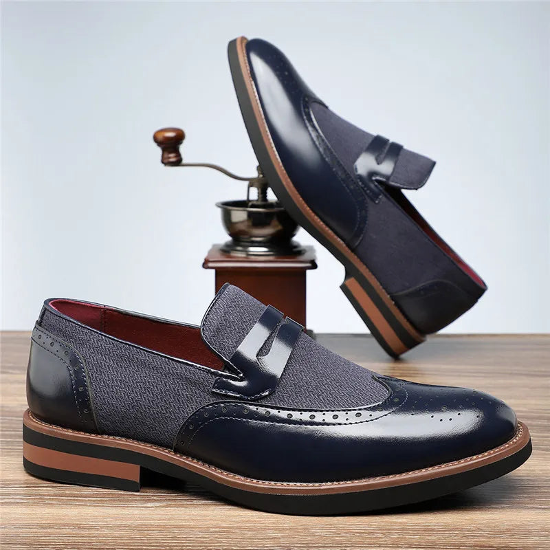 Harrison Men’s Loafers – Wingtip Leather Dress Shoes with Woven Panel