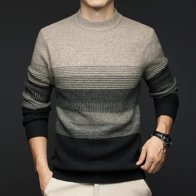 Aspen Men’s Wool Sweater – Pure Wool with Gradient Stripe Design