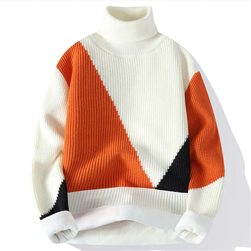 Wyatt Men’s Turtleneck Sweater – Color-Block Wool-Nylon Blend with Fleece Lining