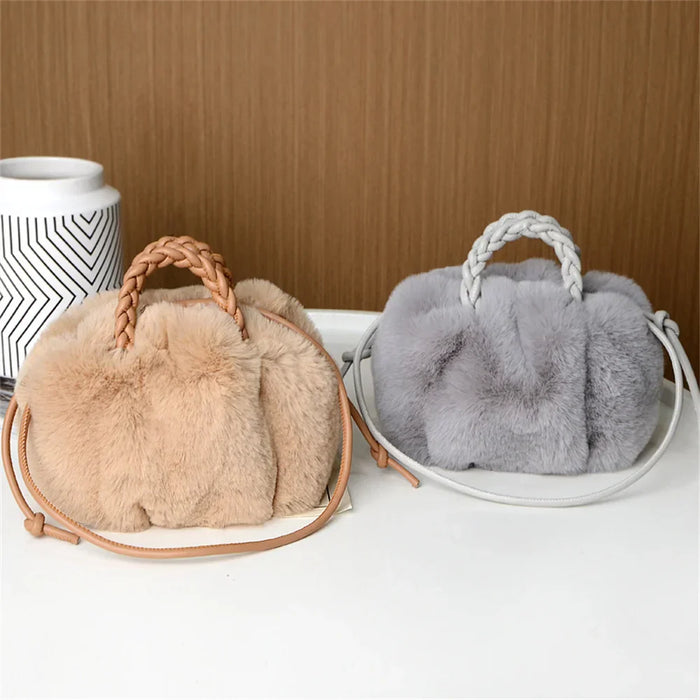 Evelyn Women’s Fur Shoulder Bag – Plush Braided Handle