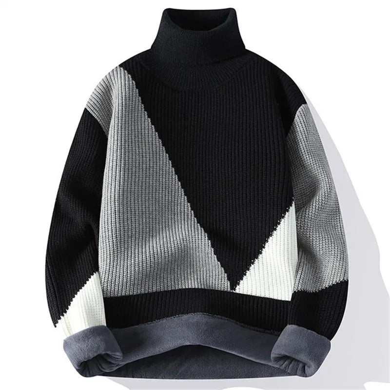 Wyatt Men’s Turtleneck Sweater – Color-Block Wool-Nylon Blend with Fleece Lining