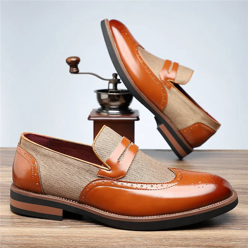 Harrison Men’s Loafers – Wingtip Leather Dress Shoes with Woven Panel