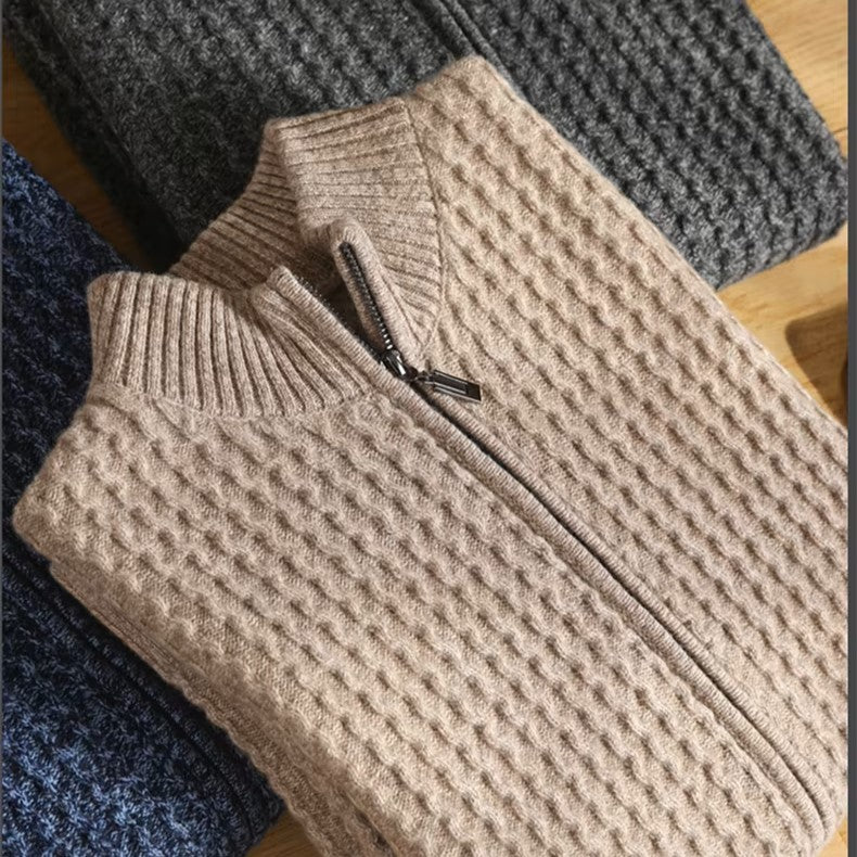 Esteban Men’s Zip Sweater – Merino Wool with Waffle-Knit Texture