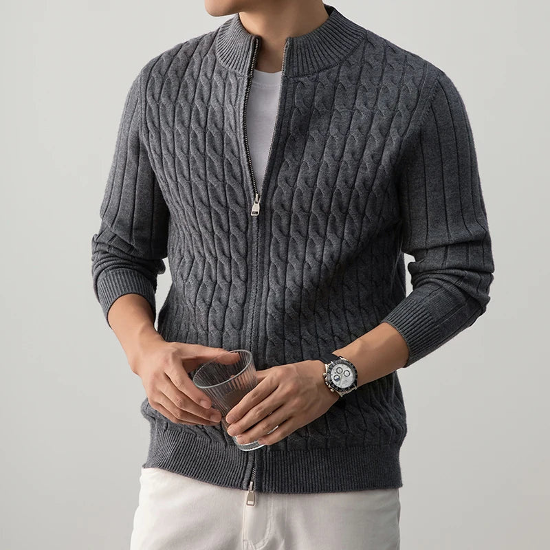 Wyler Men’s Zip-Up Cardigan – Premium Wool Cable Knit Cardigan