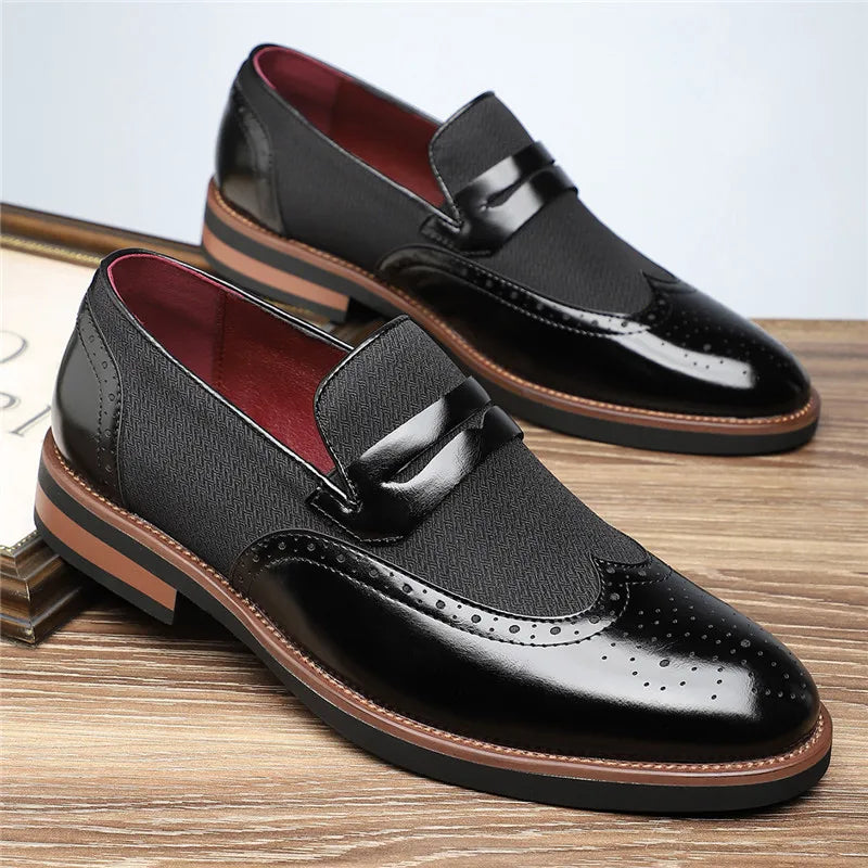 Harrison Men’s Loafers – Wingtip Leather Dress Shoes with Woven Panel