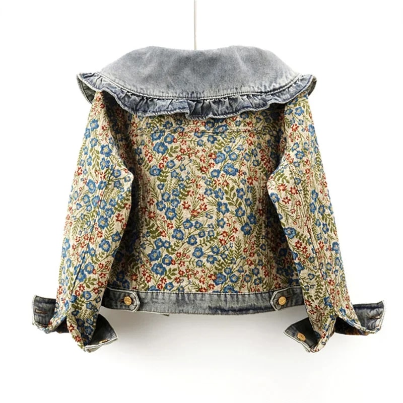 Maribel Women’s Jacquard Denim Jacket – Floral Textured Lightweight Cropped Jacket