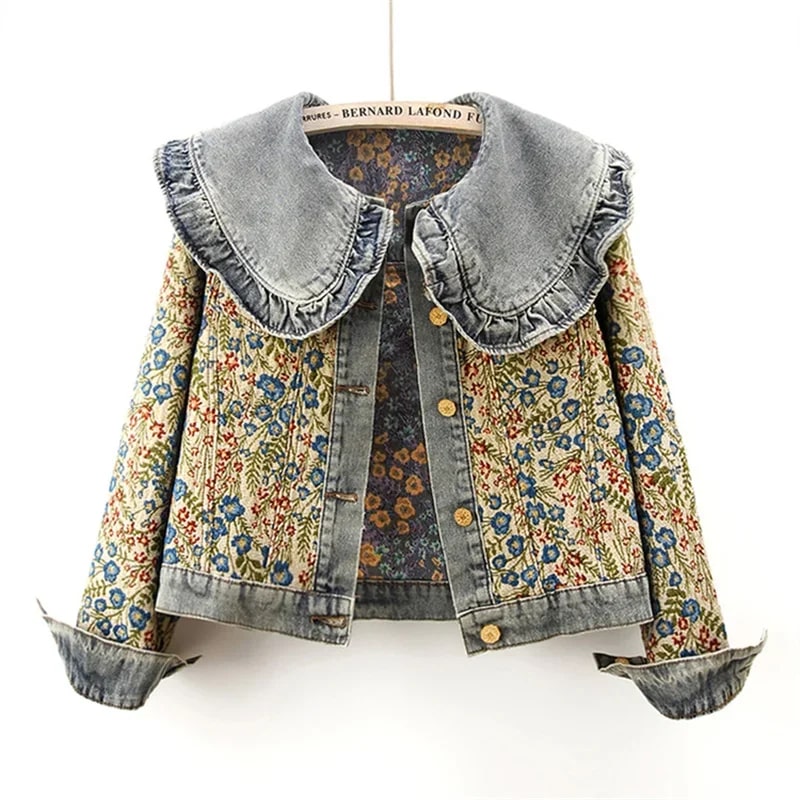 Maribel Women’s Jacquard Denim Jacket – Floral Textured Lightweight Cropped Jacket