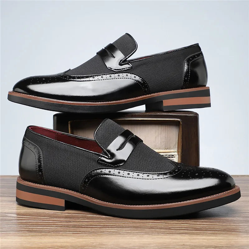 Harrison Men’s Loafers – Wingtip Leather Dress Shoes with Woven Panel