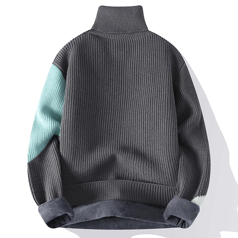 Wyatt Men’s Turtleneck Sweater – Color-Block Wool-Nylon Blend with Fleece Lining