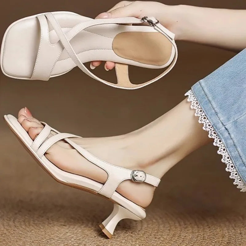Lucia Women’s Leather Heels – Square Toe Low Kitten Heel