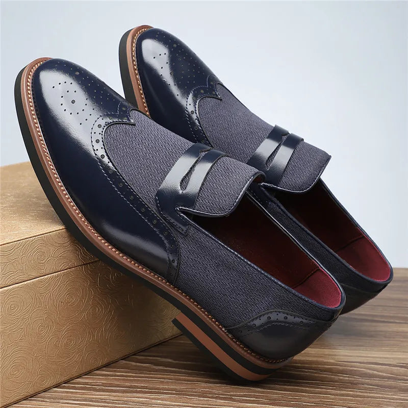 Harrison Men’s Loafers – Wingtip Leather Dress Shoes with Woven Panel