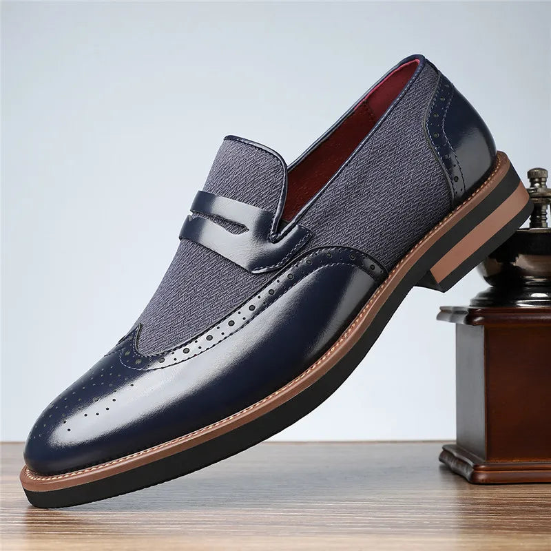 Harrison Men’s Loafers – Wingtip Leather Dress Shoes with Woven Panel
