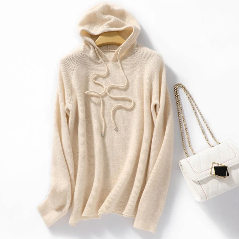 Alona Women’s Knit Ribbed Hoodie – Soft Wool Blend with Relaxed Fit Sweater